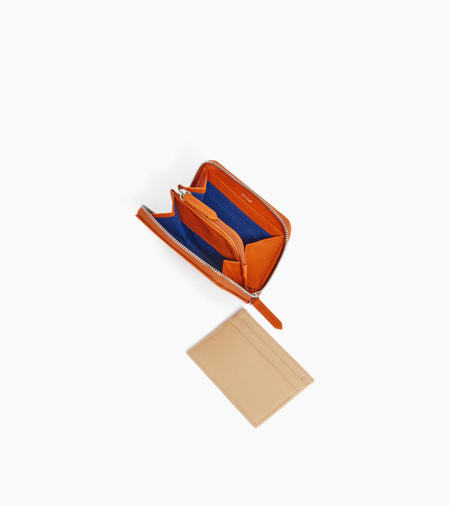 Porte monnaie zippé avec porte cartes amovible Charlotte en cuir lisse